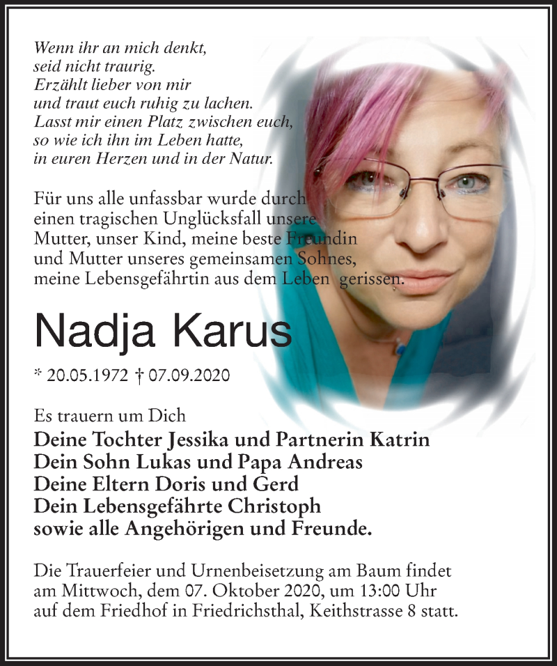  Traueranzeige für Nadja Karus vom 26.09.2020 aus Märkischen Allgemeine Zeitung