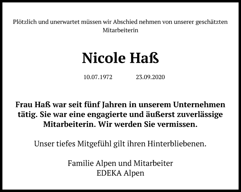  Traueranzeige für Nicole Haß vom 26.09.2020 aus Kieler Nachrichten