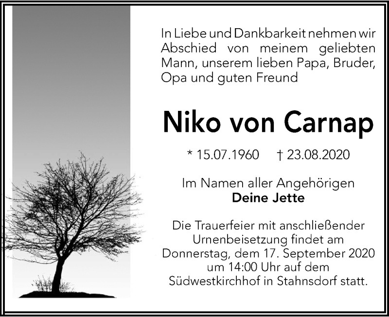  Traueranzeige für Niko von Carnap vom 12.09.2020 aus Märkischen Allgemeine Zeitung