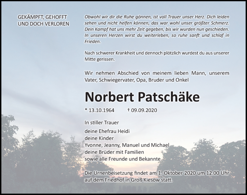  Traueranzeige für Norbert Patschäke vom 26.09.2020 aus Ostsee-Zeitung GmbH