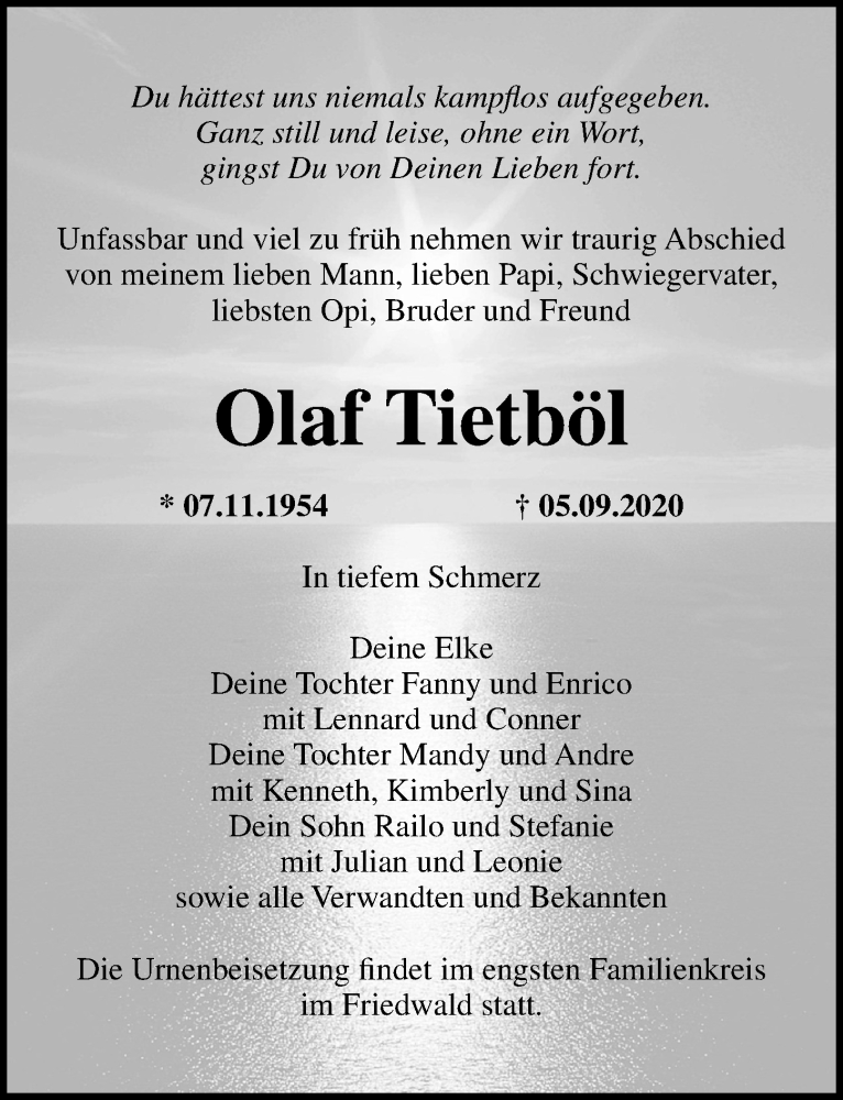  Traueranzeige für Olaf Tietböl vom 12.09.2020 aus Ostsee-Zeitung GmbH