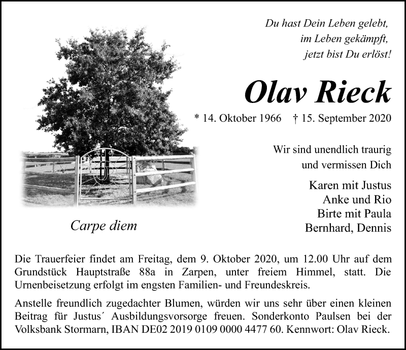  Traueranzeige für Olav Rieck vom 27.09.2020 aus Lübecker Nachrichten