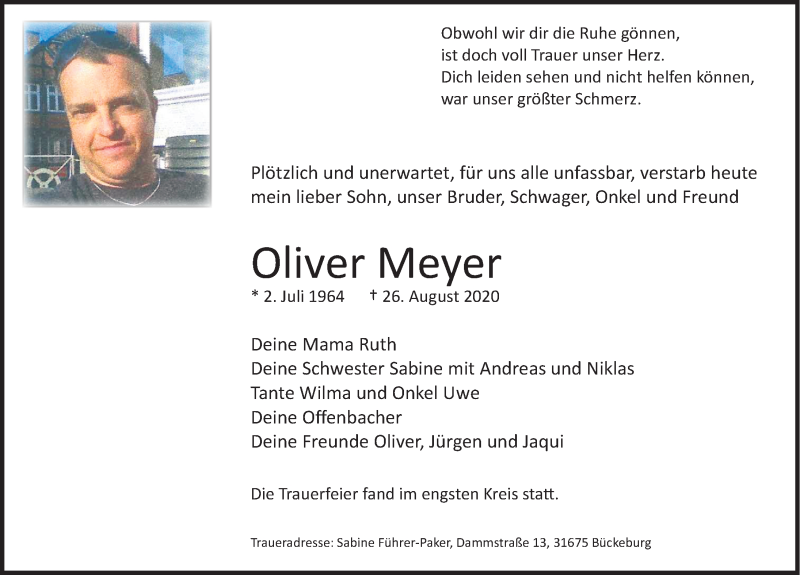  Traueranzeige für Oliver Meyer vom 05.09.2020 aus Schaumburger Nachrichten