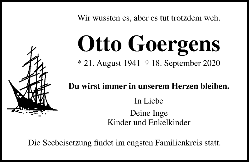  Traueranzeige für Otto Goergens vom 27.09.2020 aus Lübecker Nachrichten