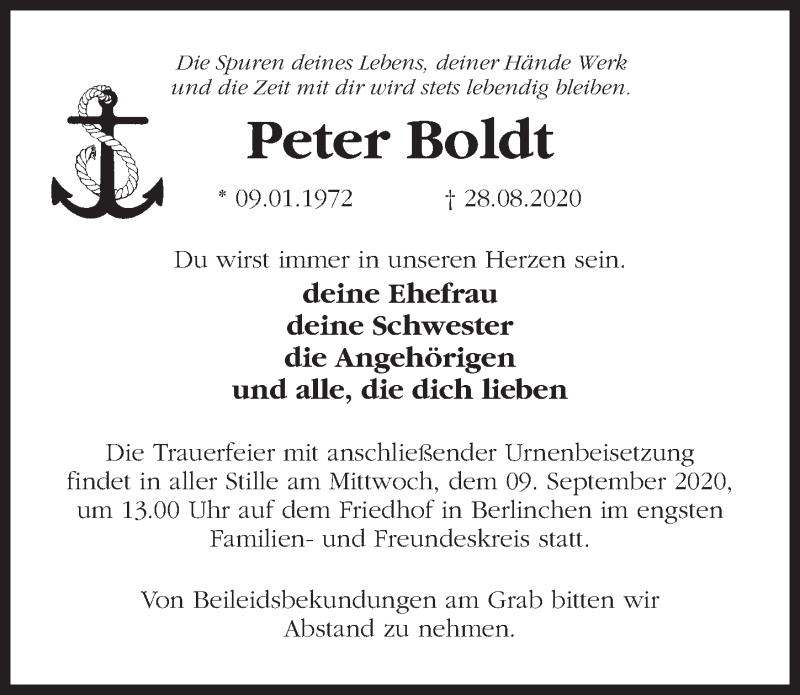  Traueranzeige für Peter Boldt vom 02.09.2020 aus Märkischen Allgemeine Zeitung