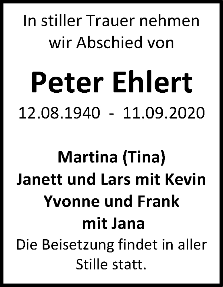 Traueranzeige für Peter Ehlert vom 16.09.2020 aus Hannoversche Allgemeine Zeitung/Neue Presse