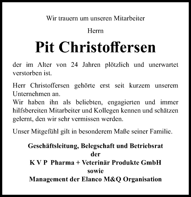  Traueranzeige für Pit Christoffersen vom 26.09.2020 aus Kieler Nachrichten