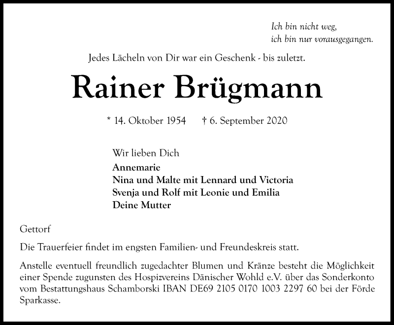  Traueranzeige für Rainer Brügmann vom 12.09.2020 aus Kieler Nachrichten
