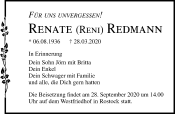 Traueranzeige von Renate Redmann von Ostsee-Zeitung GmbH