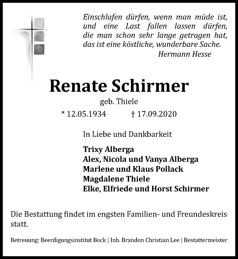  Traueranzeige für Renate Schirmer vom 26.09.2020 aus Hannoversche Allgemeine Zeitung/Neue Presse