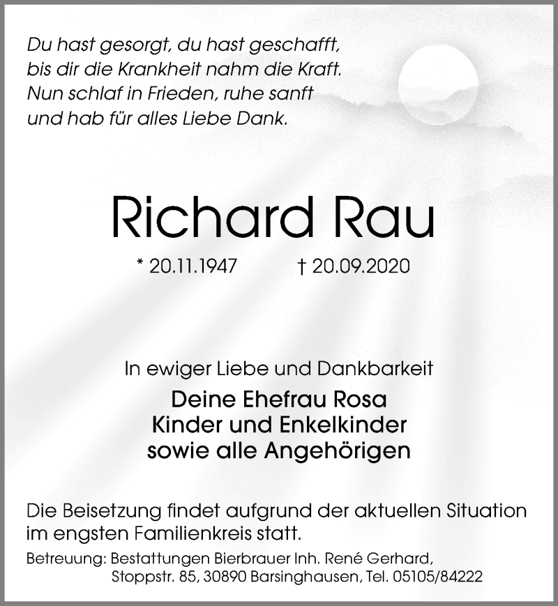  Traueranzeige für Richard Rau vom 23.09.2020 aus Hannoversche Allgemeine Zeitung/Neue Presse
