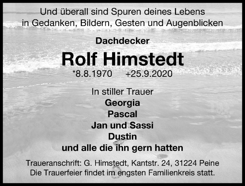  Traueranzeige für Rolf Himstedt vom 30.09.2020 aus Peiner Allgemeine Zeitung