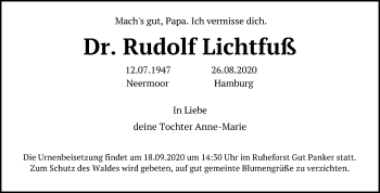 Traueranzeige von Rudolf Lichtfuß von Kieler Nachrichten