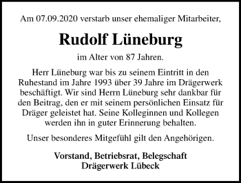 Traueranzeige von Rudolf Lüneburg von Lübecker Nachrichten