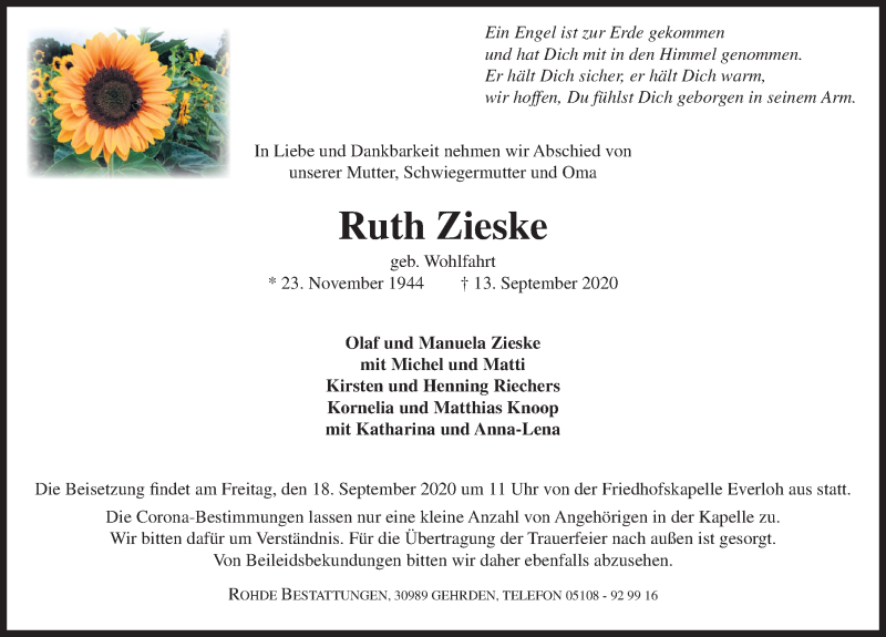  Traueranzeige für Ruth Zieske vom 16.09.2020 aus Hannoversche Allgemeine Zeitung/Neue Presse