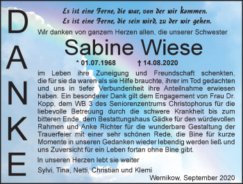 Traueranzeige von Sabine Wiese von Märkischen Allgemeine Zeitung