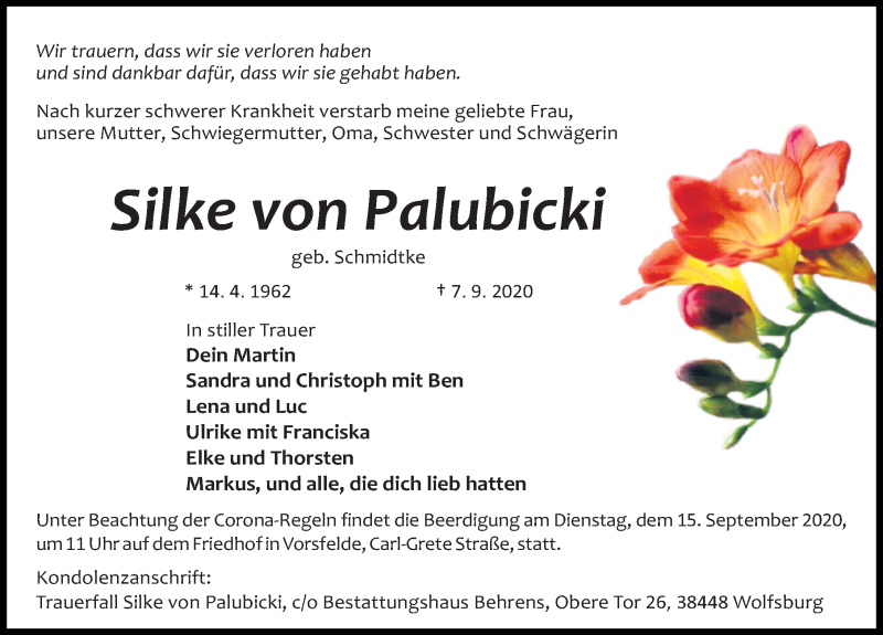  Traueranzeige für Silke von Palubicki vom 10.09.2020 aus Aller Zeitung