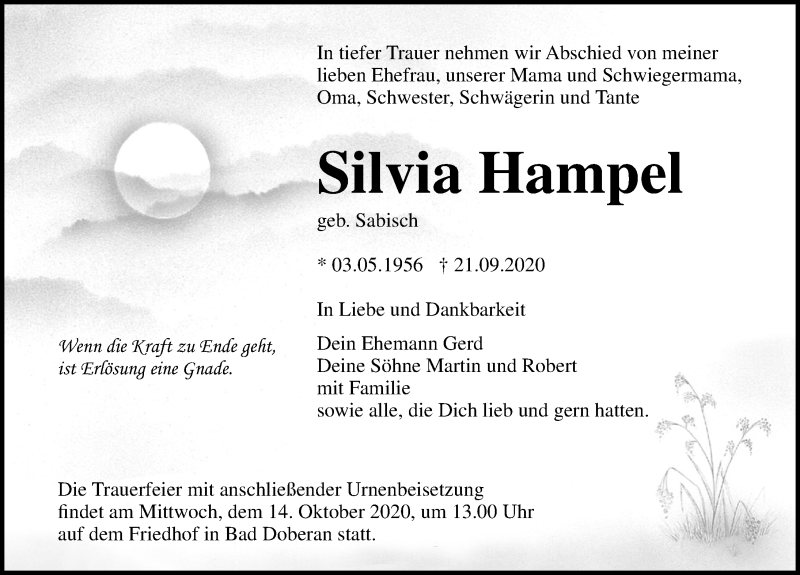  Traueranzeige für Silvia Hampel vom 26.09.2020 aus Ostsee-Zeitung GmbH