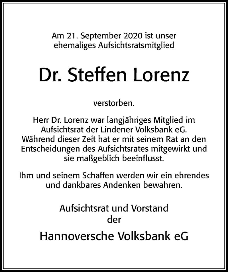  Traueranzeige für Steffen Lorenz vom 26.09.2020 aus Hannoversche Allgemeine Zeitung/Neue Presse