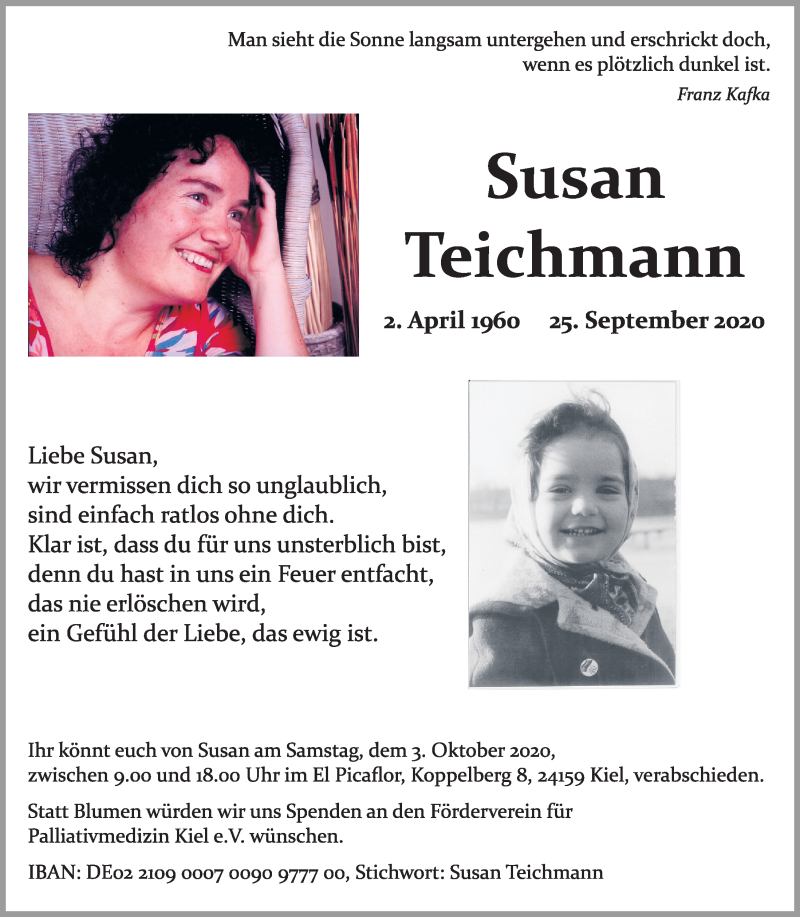  Traueranzeige für Susan Teichmann vom 30.09.2020 aus Kieler Nachrichten