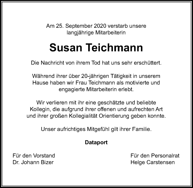  Traueranzeige für Susan Teichmann vom 30.09.2020 aus Kieler Nachrichten