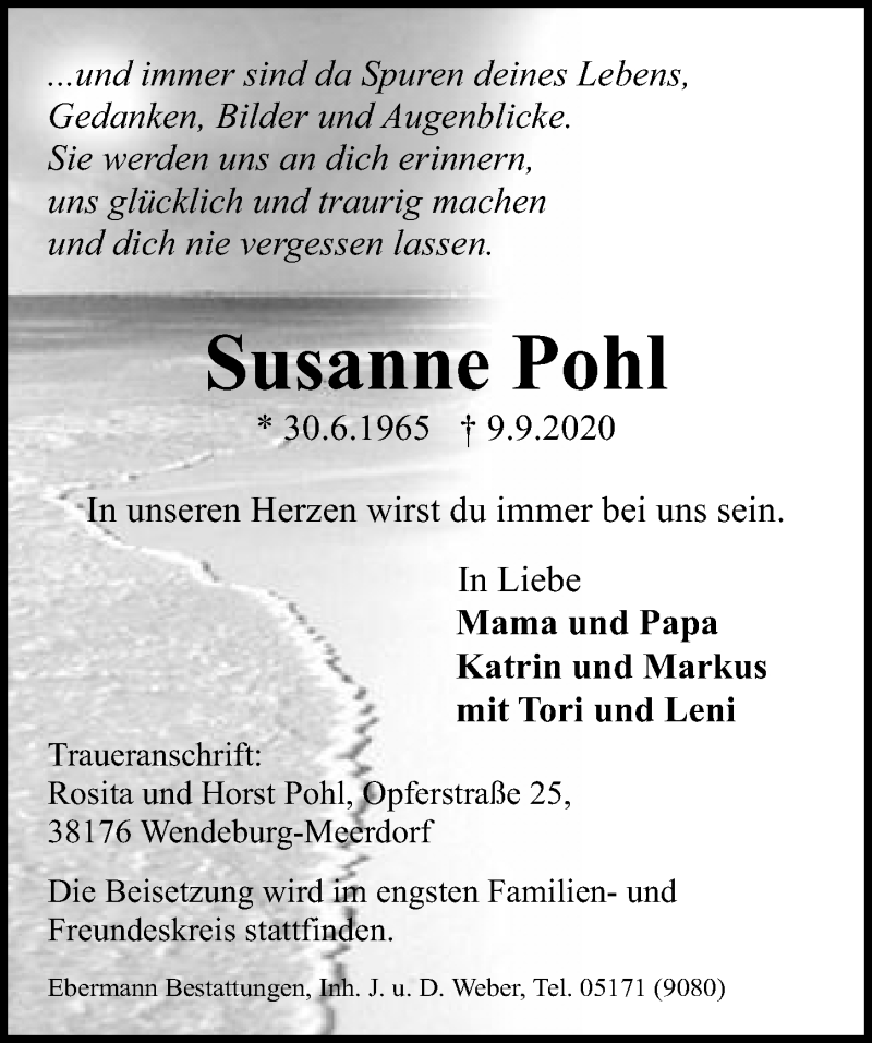  Traueranzeige für Susanne Pohl vom 16.09.2020 aus Peiner Allgemeine Zeitung