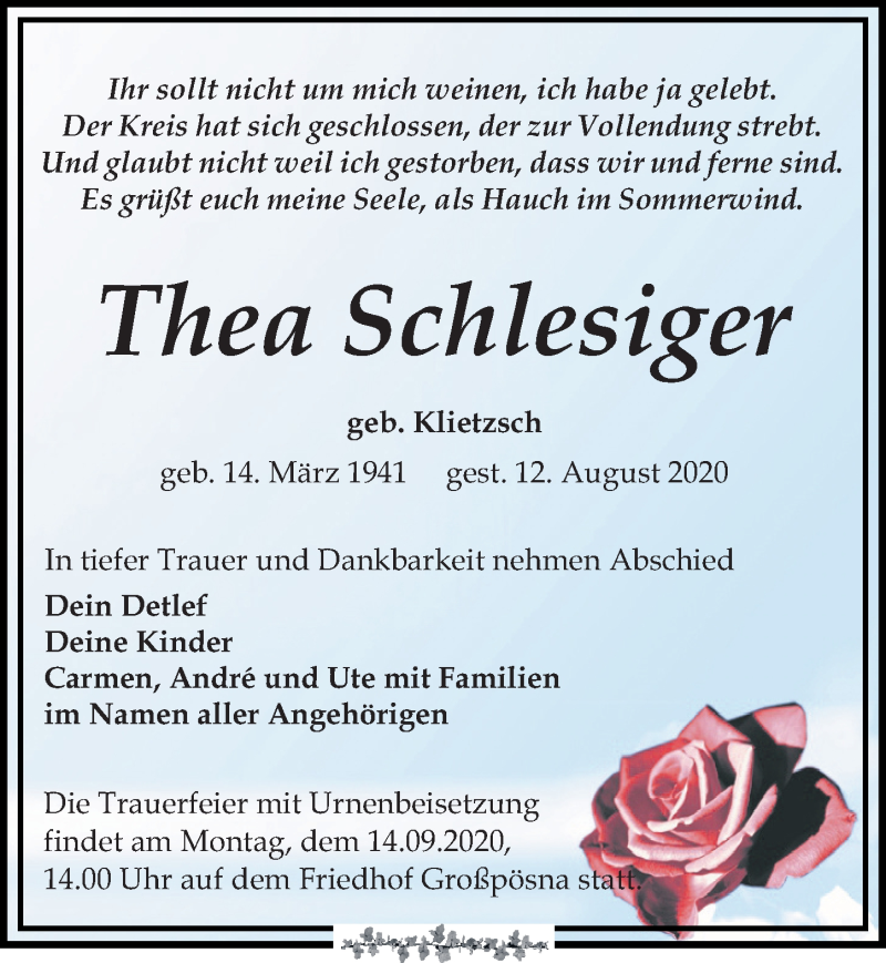  Traueranzeige für Thea Schlesiger vom 05.09.2020 aus Leipziger Volkszeitung