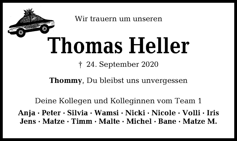  Traueranzeige für Thomas Heller vom 26.09.2020 aus Kieler Nachrichten