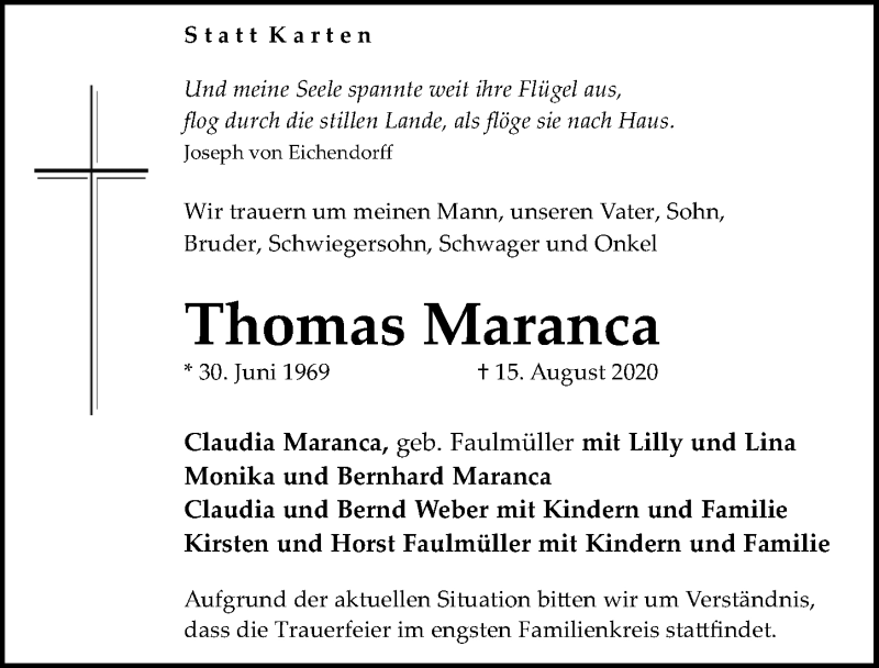  Traueranzeige für Thomas Maranca vom 12.09.2020 aus Hannoversche Allgemeine Zeitung/Neue Presse