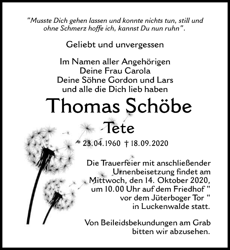  Traueranzeige für Thomas Schöbe vom 26.09.2020 aus Märkischen Allgemeine Zeitung