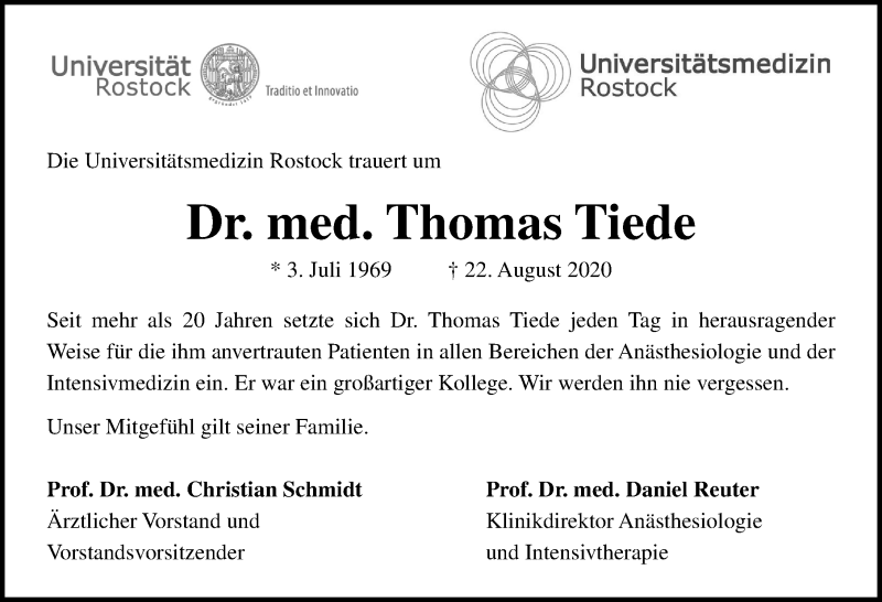  Traueranzeige für Thomas Tiede vom 05.09.2020 aus Ostsee-Zeitung GmbH