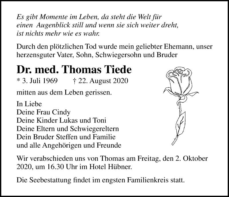  Traueranzeige für Thomas Tiede vom 05.09.2020 aus Ostsee-Zeitung GmbH