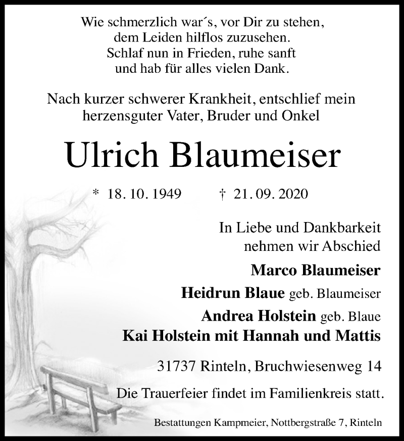  Traueranzeige für Ulrich Blaumeiser vom 25.09.2020 aus Schaumburger Nachrichten