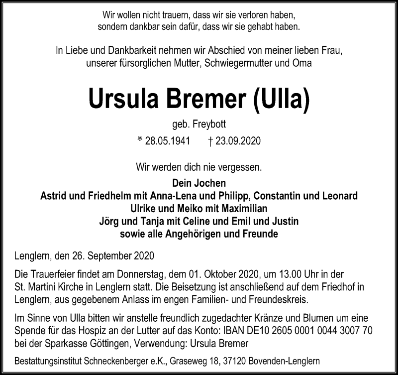  Traueranzeige für Ursula Bremer vom 26.09.2020 aus Göttinger Tageblatt