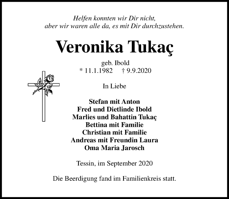  Traueranzeige für Veronika Tukaç vom 19.09.2020 aus Ostsee-Zeitung GmbH