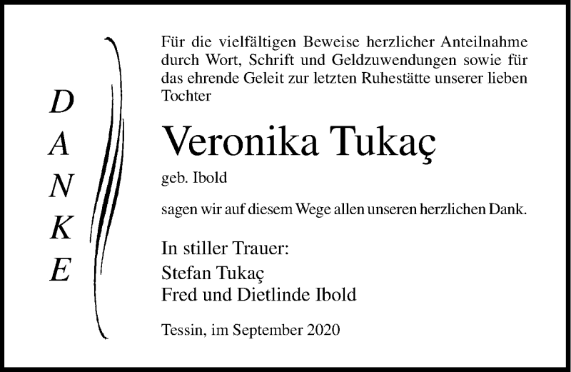  Traueranzeige für Veronika Tukaç vom 26.09.2020 aus Ostsee-Zeitung GmbH