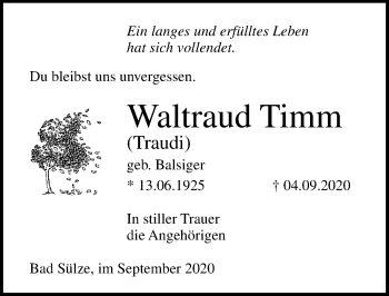 Traueranzeige von Waltraud Timm von Ostsee-Zeitung GmbH