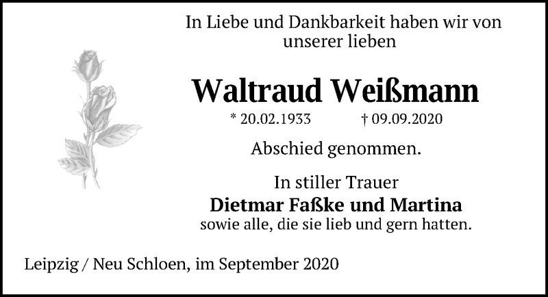  Traueranzeige für Waltraud Weißmann vom 18.09.2020 aus Leipziger Volkszeitung