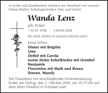 Traueranzeige von Wanda Lenz von Märkischen Allgemeine Zeitung