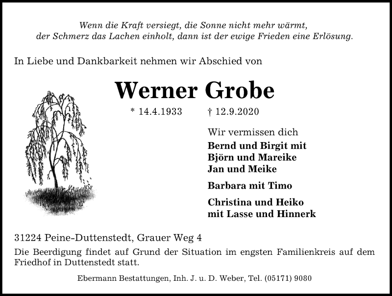  Traueranzeige für Werner Grobe vom 15.09.2020 aus Peiner Allgemeine Zeitung