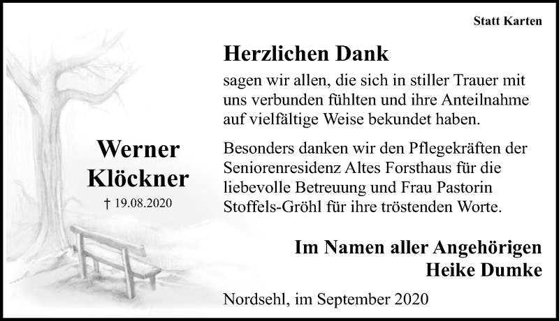  Traueranzeige für Werner Klöckner vom 12.09.2020 aus Schaumburger Nachrichten