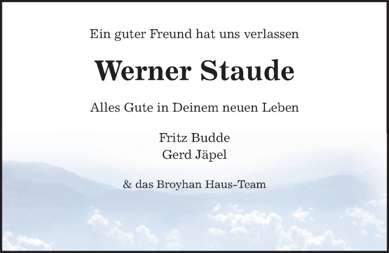  Traueranzeige für Werner Staude vom 12.09.2020 aus Hannoversche Allgemeine Zeitung/Neue Presse