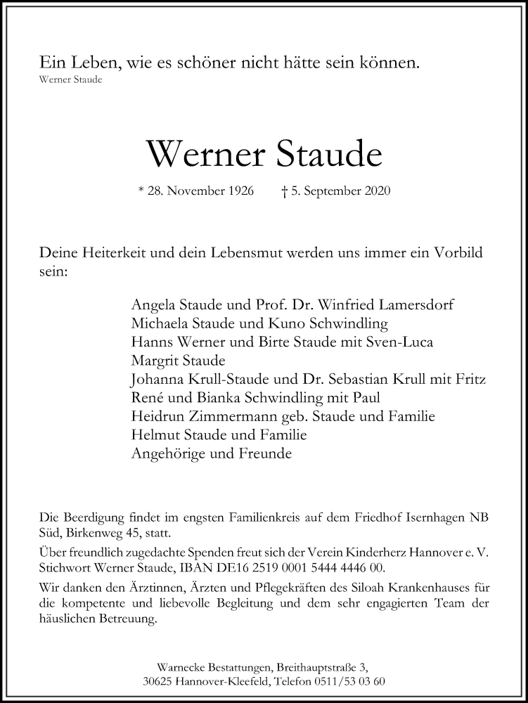  Traueranzeige für Werner Staude vom 12.09.2020 aus Hannoversche Allgemeine Zeitung/Neue Presse