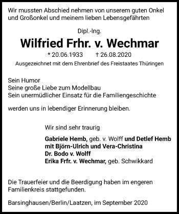 Traueranzeige von Wilfried Frhr v. Wechmar von Hannoversche Allgemeine Zeitung/Neue Presse