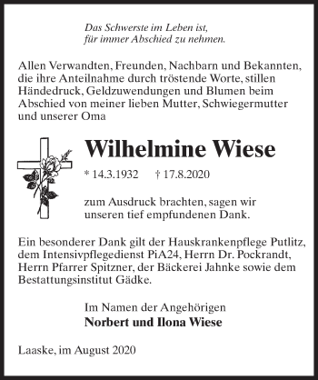 Traueranzeige von Wilhelmine Wiese von Märkischen Allgemeine Zeitung