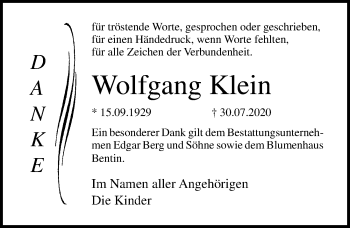 Traueranzeige von Wolfgang Klein von Ostsee-Zeitung GmbH