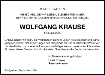 Traueranzeige von Wolfgang Krause von Hannoversche Allgemeine Zeitung/Neue Presse