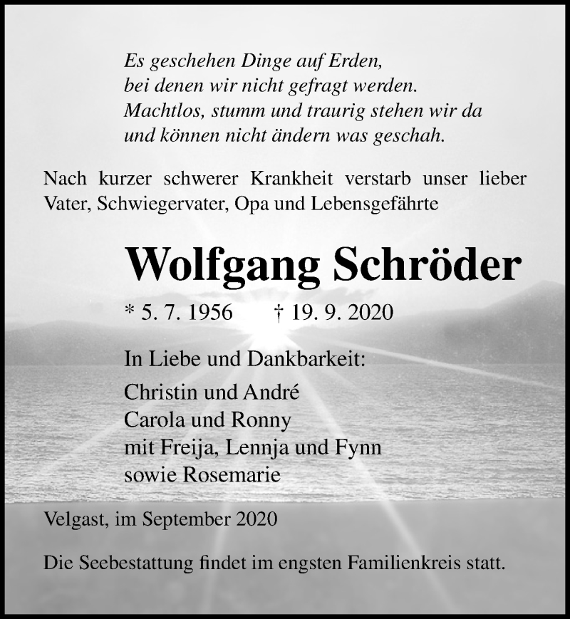  Traueranzeige für Wolfgang Schröder vom 26.09.2020 aus Ostsee-Zeitung GmbH