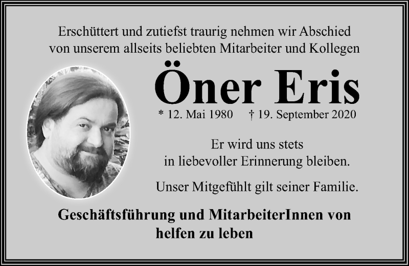  Traueranzeige für Öner Eris vom 26.09.2020 aus Kieler Nachrichten