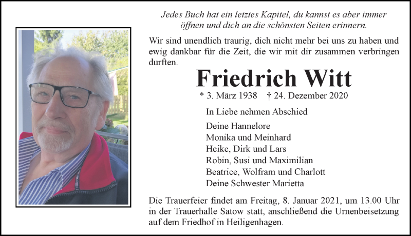  Traueranzeige für Friedrich Witt vom 02.01.2021 aus Ostsee Zeitung